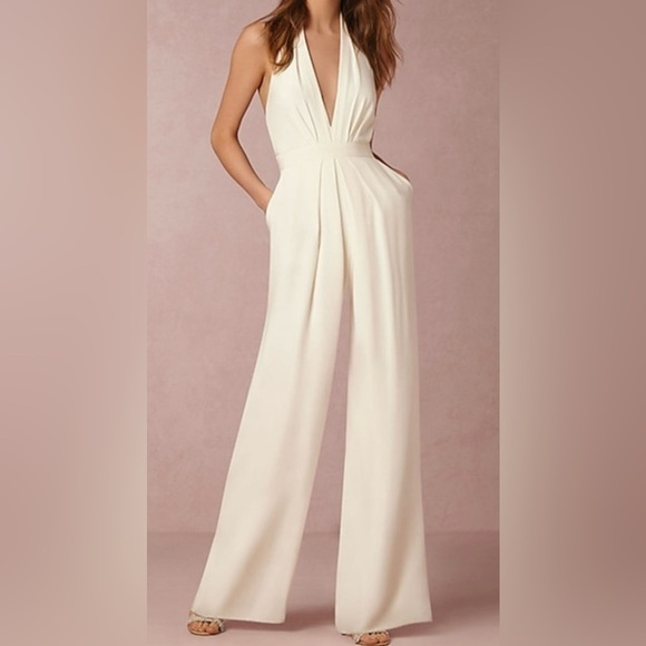 AMSALE Zola Halter Wide Legs Crepe Jumpsuit Off White NWT Women's Size 4 - Picture 1 of 7